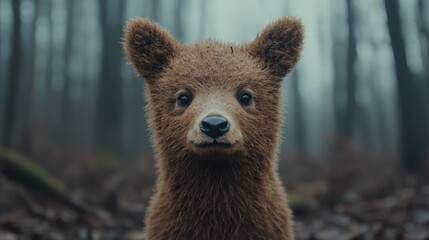Fototapeta premium Curious brown bear cub in forest