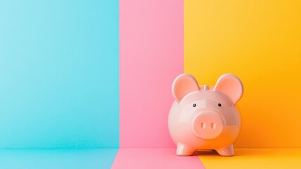 Naklejka premium Pink piggy bank on colorful pastel background