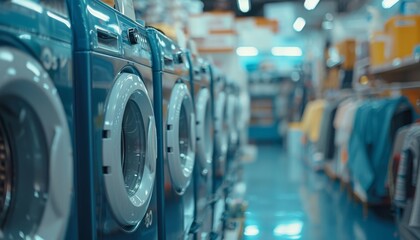 A modern washing machine display in a retail store, showcasing various models and designs in a bright, organized space.
