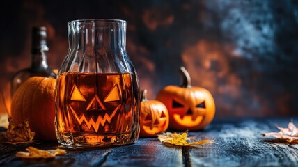Halloween-themed setup with pumpkins and whiskey