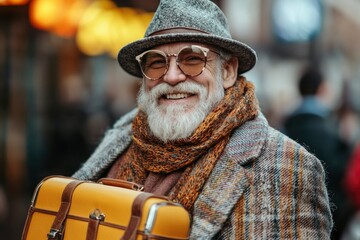 Smiling Elderly Man Wearing a Hat, Sunglasses, and Scarf, Holding a Yellow Suitcase
