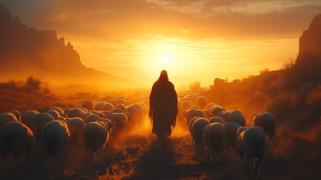Jesus o bom pastor com Ovelhas ao Entardecer: Cena de Serenidade e Espiritualidade na Natureza ao por do sol