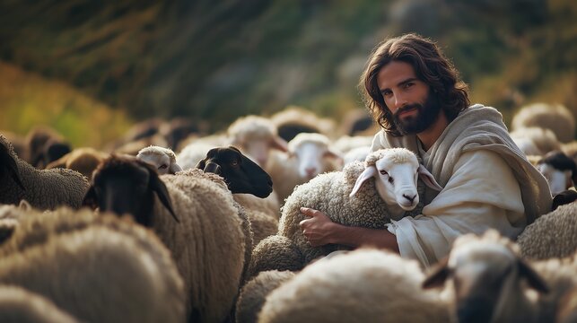Jesus o bom pastor, the good shepherd praying to the father, with a sheep on his lap, an image that demonstrates the love and care of a shepherd for his sheep