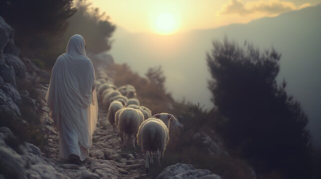 Jesus o bom pastor com Ovelhas ao Entardecer: Cena de Serenidade e Espiritualidade na Natureza