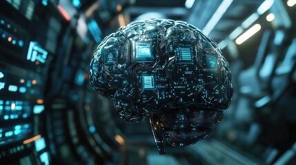 3D render of an AI brain with floating data points and futuristic holographic elements