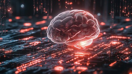 3D render of an AI brain with floating data points and futuristic holographic elements
