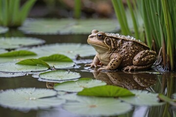 Fototapeta premium Toad by a Rain-soaked Pond: A toad perched on the edge of a shallow pond after a gentle rain, surrounded by moist grasses and water lilies.