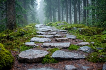Naklejka premium Stone Pathway Through a Misty Forest