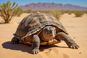 Obraz premium Tortoise on Sandy Desert Dunes: A lone desert tortoise navigating the golden sands of a sprawling desert.