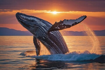 Fototapeta premium Humpback Whale Breaching at Sunset: A massive humpback whale leaping out of the ocean, its body arcing gracefully above the water as the sun sets on the horizon.