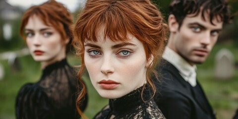 Naklejka premium A Woman with Red Hair and Green Eyes Looks to the Side While Standing with Two Other People