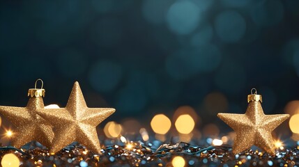 Festive Gold Glitter Stars with Bokeh Lights
