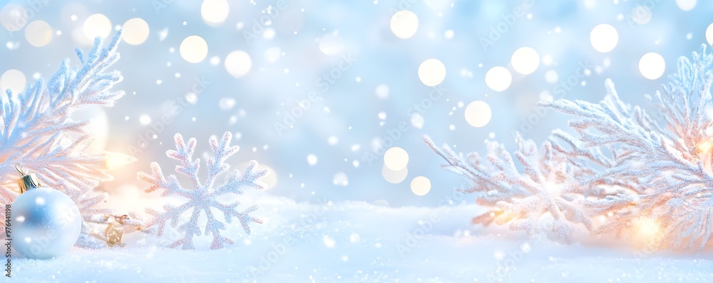 Poster festive winter background with snowflakes and lights