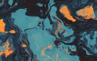 Abstract Blue, Black, and Orange Swirling Marble