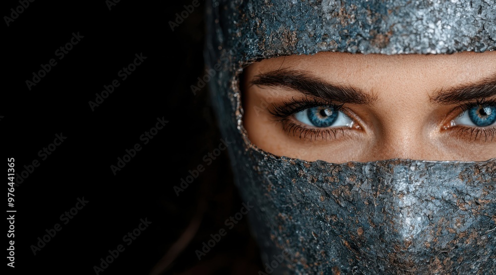 Poster mysterious blue eyes peeking through dark fabric