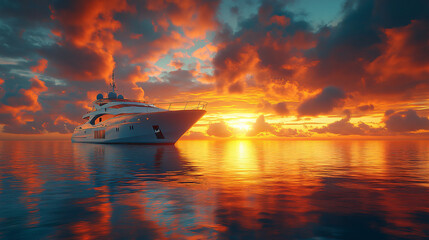 Fototapeta premium luxury yacht at sunset in the ocean - dramatic colors and calm waters