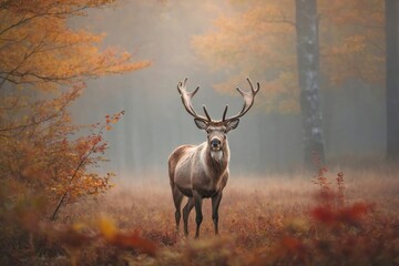 Reindeer in a Misty Autumn Meadow: A reindeer standing amid a misty autumn meadow, surrounded by vibrant foliage