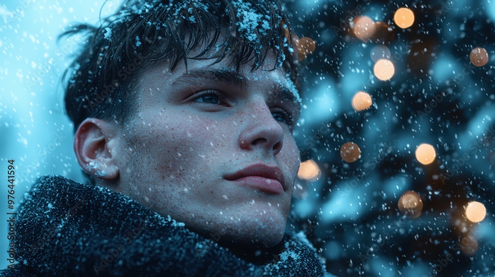 Wall mural pensive young man in snowfall