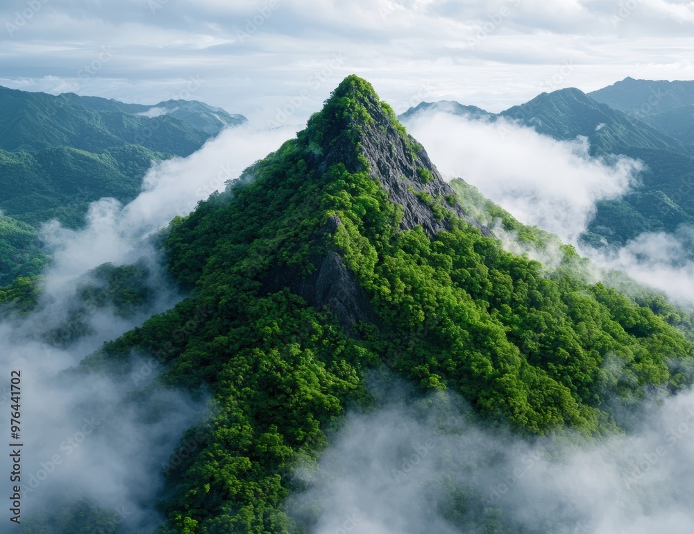 Wall mural Lush green mountain peak emerging from clouds