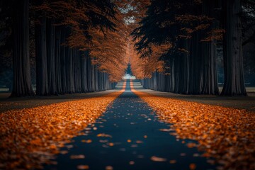 A winding paved path lined with tall trees and fallen leaves.