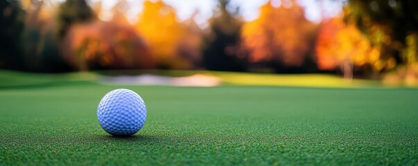 Golf ball on the green of a picturesque autumn course, capturing the tranquility of fall sports, golf course autumn