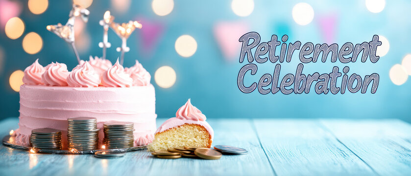 A delightful cake with coins symbolizes joyful retirement celebration.