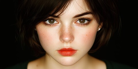Fototapeta premium Striking portrait of a young woman with dark hair and piercing green eyes