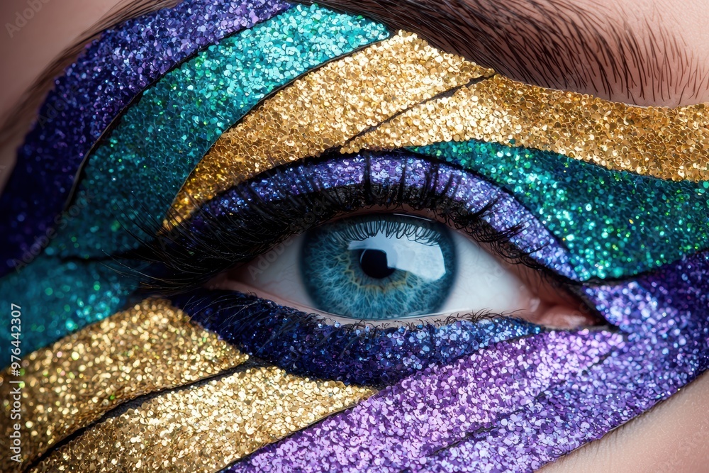 Wall mural Closeup of a glittering eye with vibrant makeup