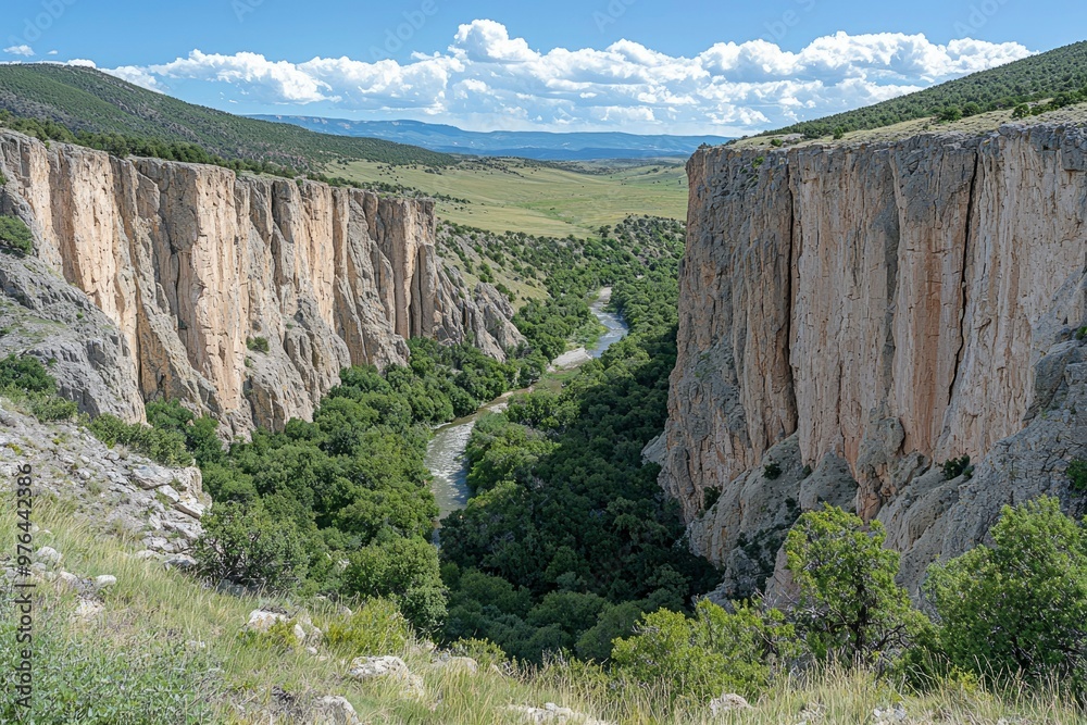 Wall mural A River Flowing Through A Mountain Gorge With Steep Cliffs