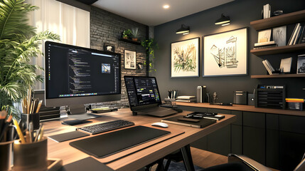Modern Home Office Desk with Laptop and Computer 3D Illustration