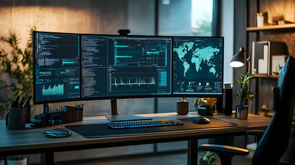 Fototapeta premium Modern Desk Setup with Triple Monitor Display - Illustration