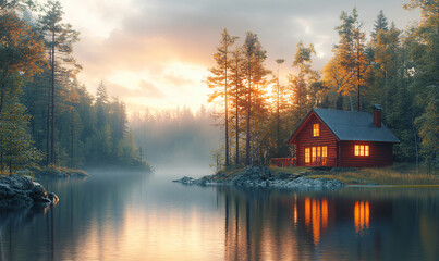 Obraz premium cozy cabin in the woods at sunset with fog and lake reflection