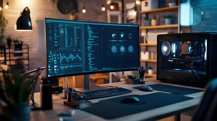 Modern Office Desk with Computer and Desktop Tower - Realistic Photo