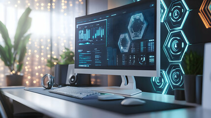 Naklejka premium Futuristic Computer Desktop with Neon Lights - 3D Illustration