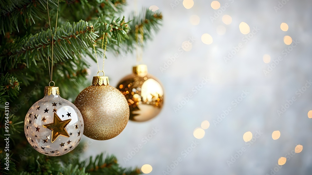 Poster golden christmas ornaments on pine branch with bokeh lights