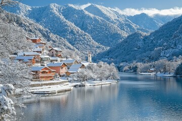 Snowy Mountain Village with a Tranquil Lake