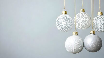Fototapeta premium Silver & White Christmas Ornaments Hanging Against Grey Background