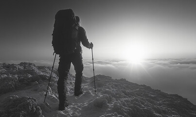 Fototapeta premium black and white silhouette of a hiker on mountain peak at sunrise