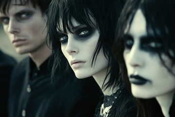 Close-up portrait of three people with pale skin and dark makeup, possibly a goth aesthetic.