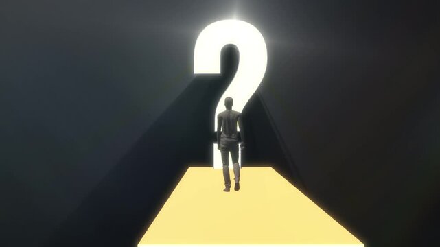 Silhouette of man walking towards question mark on dark background.