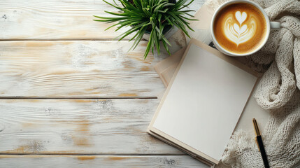 Cozy workspace with cup of coffee, blank notepad, and plant, creating warm atmosphere for creativity..