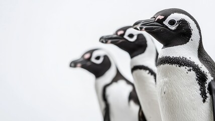 Obraz premium Three penguins standing in row against plain background