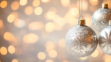 Silver Christmas Ornaments with Bokeh Background