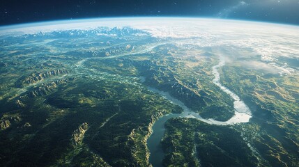 Earth glowing in space, with its ecosystems thriving, framed by distant galaxies