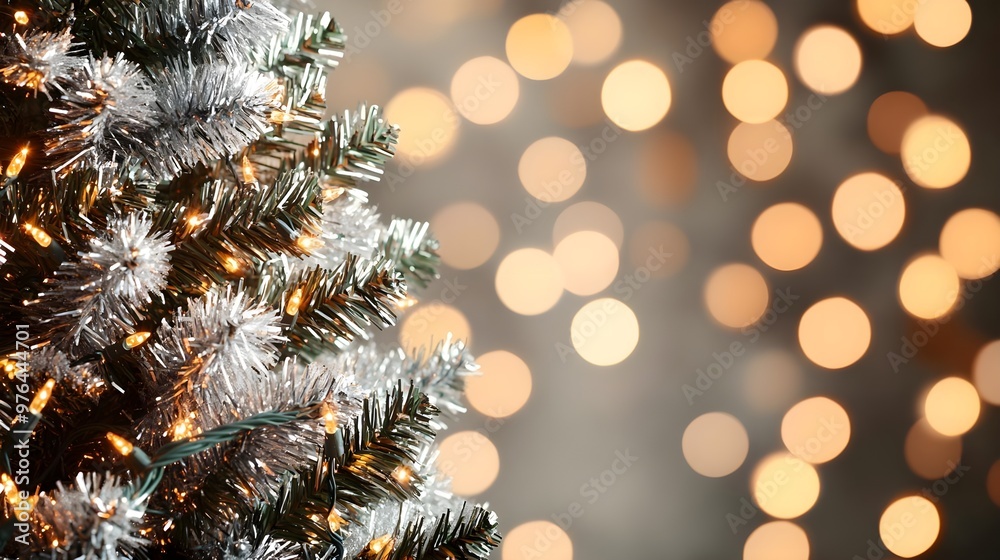 Sticker silver christmas tree with bokeh lights - festive background