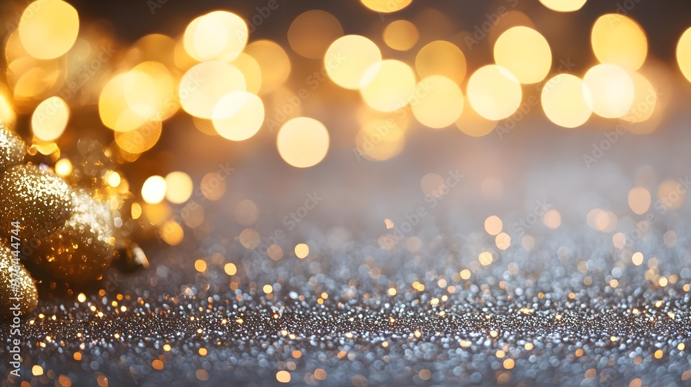 Sticker Silver Glitter and Golden Bokeh Lights Background