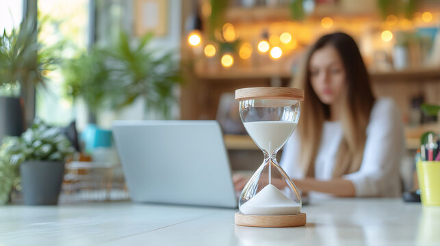 Hourglass on Desk with Blurred Woman Working on Laptop, Time Management and Productivity Concept