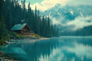 Fototapeta premium A Rustic Cabin Nestled in a Misty Mountain Valley Lake