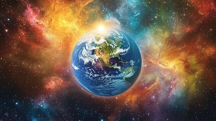 Earth glowing in space, with its ecosystems thriving, framed by distant galaxies