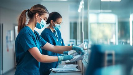 Obraz premium Two nurses are at the nursing station in a calm environment without patients.